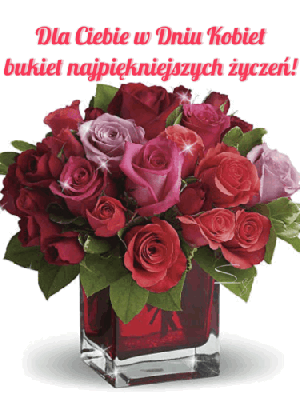 Ciemne róże w szklanym wazonie z życzeniami na 8 marca